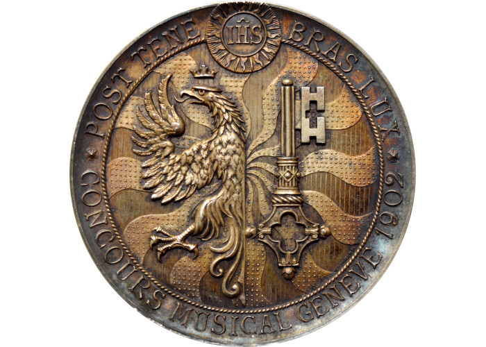 Швейцария серебряная медаль 1902 г., NGC MS61, "Женевский музыкальный фестиваль"