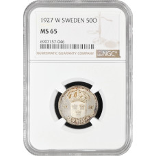 Швеция 50 эре 1927 г. W, NGC MS65, "Король Густав V (1908 - 1950)"