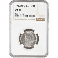 Chile 1 peso 1932 So, NGC MS65, "Republic of Chile (1899 - 1968)" silver coin