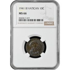 Ватикан 10 чентезимо 1941 г., NGC MS66, "Папа Пий XII (1939 - 1958)"