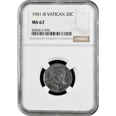 Ватикан 20 чентезимо 1941 г., NGC MS67, "Папа Пий XII (1939 - 1958)"