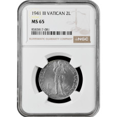 Ватикан 2 лиры 1941 г., NGC MS65, "Папа Пий XII (1939 - 1958)"