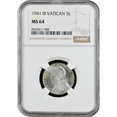 Ватикан 5 лир 1941 г., NGC MS64, "Папа Пий XII (1939 - 1958)"