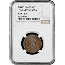 Lombardy-Venetia 5 centesimi 1822 M, NGC MS61 BN, "King Francis II (1815-1835)"