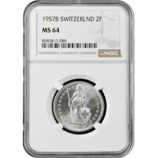Schweiz 2 Franken 1957, NGC MS64, "Schweizerische Eidgenossenschaft (1917-1967)"