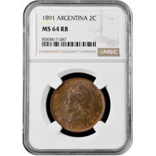 Argentina 2 centavos 1891, NGC MS64 RB, "Argentine Peso (1881 - 1969)"