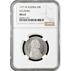 Salzburg 20 Kreuzer 1777 M, NGC MS64, "Hieronymus von Colloredo (1772 - 1803)"