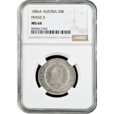 Австрия 20 крейцеров 1806 г. A, NGC MS64, "Император Франц II (1804 - 1835)"
