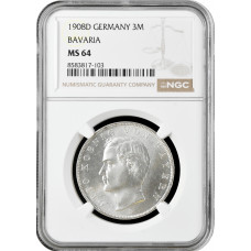 Bavaria 3 mark 1908 D, NGC MS64, "King Otto I (1886 - 1913)" silver coin