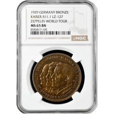Веймарская Республика  бронзовая медаль 1929 г., NGC MS65 BN, "Мировое турне Цеппелина"