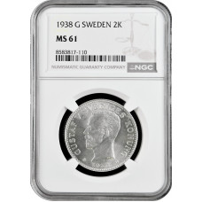 Швеция 2 кроны 1938 г. G, NGC MS61, "Король Густав V (1908 - 1950)"