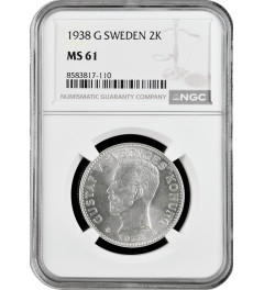 Sweden 2 kronor 1938 G, NGC MS61, "King Gustav V (1908 - 1950)" silver coin