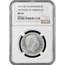 Дания 2 кроны 1912 г. VBP AH, NGC MS64, "Смена правителя престола"