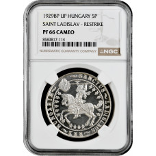 Hungary 5 pengo 1929 BP UP, NGC PF67 CAM RESTRIKE, "Saint Ladislav" silver coin