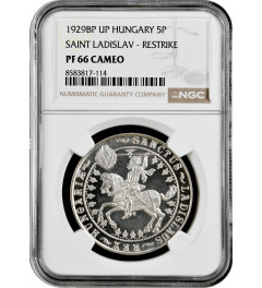 Hungary 5 pengo 1929 BP UP, NGC PF67 CAM RESTRIKE, "Saint Ladislav" silver coin