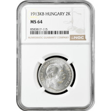Hungary 2 korona 1913 KB, NGC MS64, "Emperor Franz Joseph I (1848 - 1916)"