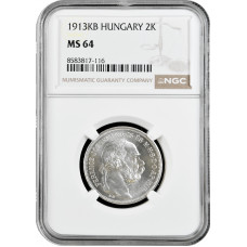 Hungary 2 korona 1913 KB, NGC MS64, "Emperor Franz Joseph I (1848 - 1916)"