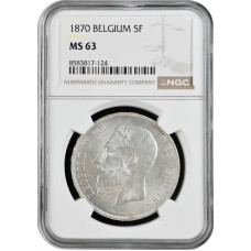Бельгия 5 франков 1870 г., NGC MS63, "Король Леопольд II (1865 - 1909)"