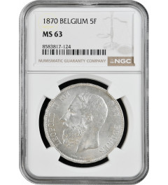Belgien 5 Franken 1870, NGC MS63, "König Leopold II (1865 - 1909)" Silbermünze