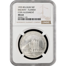 Бельгия 50 франков 1935 г. Flemish - Pos. A, NGC MS64, "100 лет железным дорогам Бельгии" Top Pop