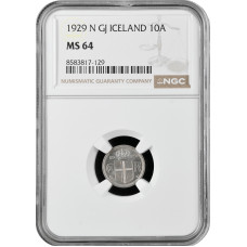 Исландия 10 эйре 1929 г. N GJ, PCGS MS64, "Король Кристиан X (1922 - 1943)"