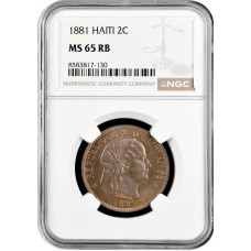 Гаити 2 сантима 1881 г., NGC MS65 RB, "Республика Гаити (1863 - 1985)"