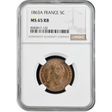 Франция 5 сантимов 1863 г. A, NGC MS65 RB, "Император Наполеон III (1852 - 1870)" Top Pop