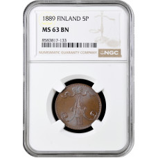 Финляндия 5 пенни 1889 г., NGC MS63 BN, "Император Александр III (1881 - 1894)"