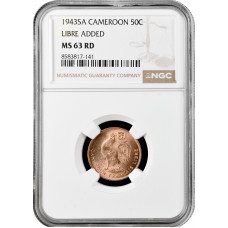 Cameroon 50 centimes 1943 SA, NGC MS63 RD, "UN Trust Territories (1924 - 1948)"