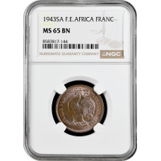 French Equatorial Africa 1 franc 1943 SA, NGC MS65 BN, "Colony (1942-1958)" Top Pop 1/0