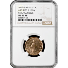 Испания - Гражданская война 1 песеты 1937 г., NGC MS63 RB, "Астурия и Леон (1936 - 1939)"