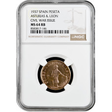 Испания - Гражданская война 1 песеты 1937 г., NGC MS64 RB, "Астурия и Леон (1936 - 1939)"
