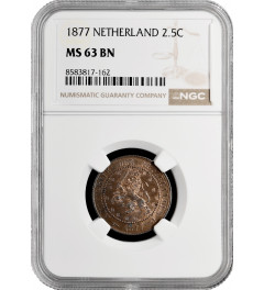 Netherlands 2.5 cents 1877, NGC MS63 BN, "King William III (1849 - 1890)"