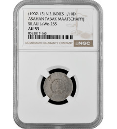 Netherlands East Indies 1/10 dollar 1902-1913, NGC AU53, "Silau Tabakmaaschappy"