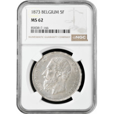 Бельгия 5 франков 1873 г., NGC MS62, "Король Леопольд II (1865 - 1909)"
