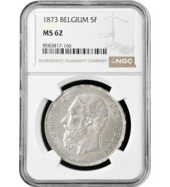 Belgien 5 Franken 1873, NGC MS62, "König Leopold II (1865 - 1909)" Silbermünze