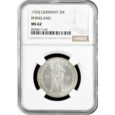 Веймарская Республика 3 рейхсмарки 1925 г. J, NGC MS62, "Тысячелетие Рейнской области (Рейнланда)"