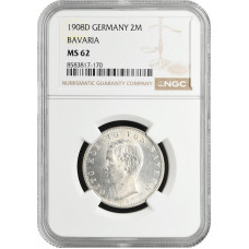 Бавария 2 марки 1908 г. D, NGC MS62, "Король Отто І (1886 - 1913)"