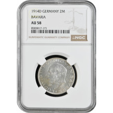 Бавария 2 марки 1914 г. D, NGC AU58, "Король Людвиг ІІІ (1913 - 1918)"