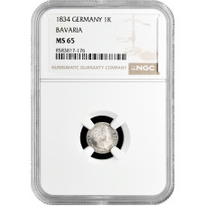 Бавария 1 крейцер 1834 г., NGC MS65, "Король Людвиг I (1825 - 1848)"