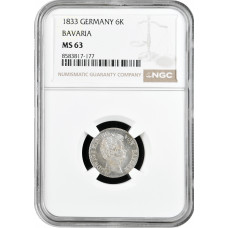 Бавария 6 крейцеров 1833 г., NGC MS63, "Король Людвиг I (1825 - 1848)" Pop 1/1