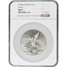 Mexico 5 onzas 1998 Mo, NGC MS67, "Silver Bullion Coinage "Libertad"