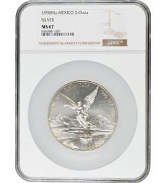 Mexico 5 onzas 1998 Mo, NGC MS67, "Silver Bullion Coinage "Libertad"