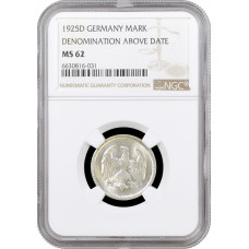 Германия 1 марка 1925 г. D, NGC MS62, "Веймарская Республика (Марка) (1919 - 1925)"