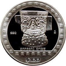 Mexico 100 pesos 1992 Mo, PROOF, "Pre-Columbian culture - Brasero Efigie" silver