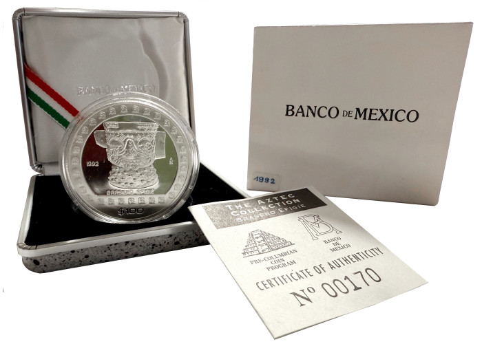 Mexico 100 pesos 1992 Mo, PROOF, "Pre-Columbian culture - Brasero Efigie" silver