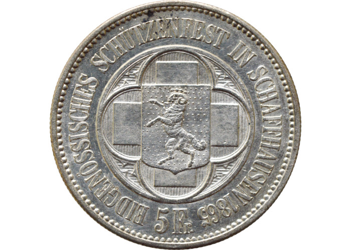 Switzerland 5 francs 1865, AU, "Schaffhausen Shooting Festival" silver coin