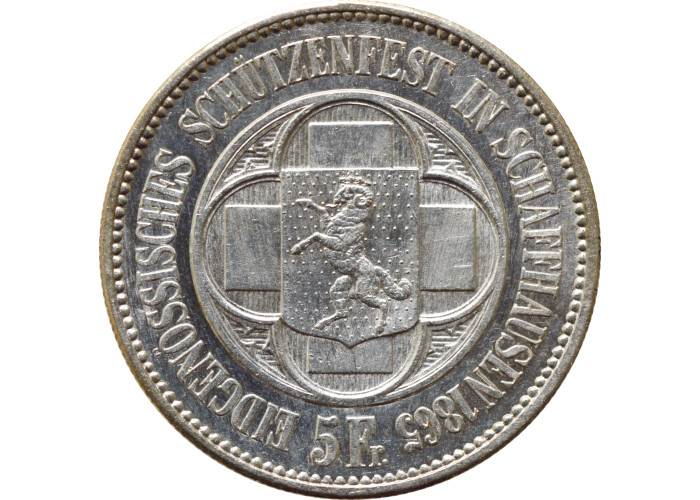 Switzerland 5 francs 1865, UNC Det, "Schaffhausen Shooting Festival" silver coin