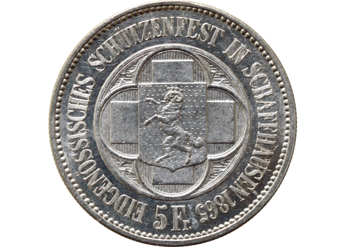 Switzerland 5 francs 1865, UNC Det, "Schaffhausen Shooting Festival" silver coin
