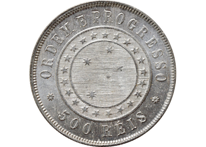 Brazil 500 reis 1889, UNC, "First Republic (1889 - 1942)" silver coin